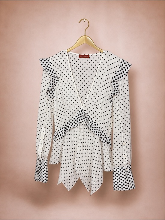 Altuzarra Tops - Altuzarra White and Black Polka Dot Ruffle V-Neck Blouse